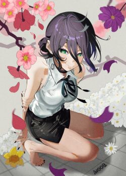 1girl arm_behind_back armpit_crease bare_legs bare_shoulders barefoot black_nails black_ribbon black_shorts breasts chainsaw_man cherry_blossoms closed_mouth davoxime dolphin_shorts feet flower full_body green_eyes grey_background hair_between_eyes highres legs looking_at_viewer medium_breasts nail_polish neck_ribbon pink_flower purple_flower purple_hair reze_(chainsaw_man) ribbon shirt short_hair short_shorts shorts sleeveless sleeveless_shirt smile solo squatting tile_floor tiles toenail_polish toenails toes white_flower white_shirt yellow_flower