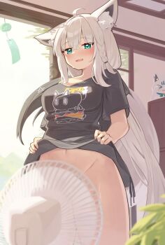 1girl absurdres animal_ear_piercing animal_ears architecture black_shirt blush bottomless braid breasts clothes_lift commentary_request deaver east_asian_architecture electric_fan fanning_crotch fox_ears fox_girl hair_between_eyes highres hololive indoors large_breasts lifting_own_clothes long_hair looking_at_viewer naked_shirt navel official_alternate_costume open_mouth print_shirt shirakami_fubuki shirakami_fubuki_(loungewear) shirt shirt_lift short_sleeves single_braid solo t-shirt underwear virtual_youtuber