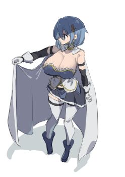 Rule 34 | absurdres, akan mori, alternate breast size (larger), blue eyes, blue hair, blue shirt, breasts, cape, detached collar, fortissimo, hair ornament, highres, huge breasts, magical girl, mahou shoujo madoka magica, medium hair, miki sayaka, miki sayaka (magical girl), musical note, musical note hair ornament, shirt, strapless, strapless shirt, white cape