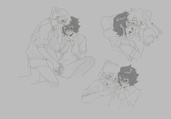 2girls blush breasts breath chinese_commentary closed_mouth clothed_female_nude_female clothes_lift commentary ear_blush female_pubic_hair fingering greyscale hair_between_eyes hands_up highres jiguang_haibao koishikawa_iko long_bangs long_hair lying momijiyama_teru monochrome multiple_girls multiple_views navel nipples nude on_bed open_mouth pillow pubic_hair pussy pussy_juice shirt short_hair short_sleeves shy_(series) sidelocks small_breasts spread_legs steam stomach t-shirt tank_top trembling uncensored yuri