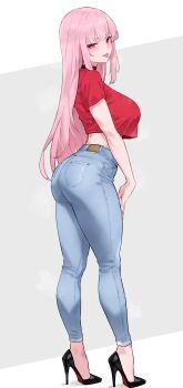 1girl absurdres ass bluefield blush breasts choker commentary crop_top crop_top_overhang denim english_commentary full_body high_heels highres hololive hololive_english jeans large_breasts long_hair looking_at_viewer looking_back midriff mori_calliope pants pink_hair red_eyes simple_background smile solo standing tongue tongue_out very_long_hair virtual_youtuber