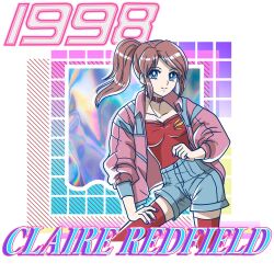 Rule 34 | 1990s (style), 1girl, blue eyes, blue shorts, brown hair, choker, claire redfield, collarbone, commentary, denim, denim shorts, english commentary, hand on own thigh, heart, heart choker, high ponytail, highres, jacket, looking at viewer, memphis design, nail polish, open clothes, open jacket, pink jacket, purple nails, red choker, red shirt, redmageroxy, resident evil, resident evil 2, retro artstyle, shirt, shorts, solo, standing