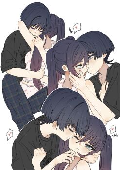 1boy 1girl alternate_costume aqua_eyes averting_eyes bare_shoulders black_hair black_pants black_shirt black_sleeves blunt_ends blush bow_print bright_pupils casual choppy_bangs closed_eyes closed_mouth contemporary couple embarrassed eyeliner eyeshadow facing_another facing_down fang fingernails genshin_impact gradient_hair grey_eyes hand_on_another's_chest hand_on_another's_face hand_on_another's_hip hand_on_another's_shoulder hashtag-only_commentary head_down head_tilt heart hetero highres hug kiss kissing_cheek long_hair looking_at_another looking_at_viewer makeup midriff_peek moaning mona_(genshin_impact) multicolored_hair one_eye_closed open_mouth pants pink_hair plaid_clothes plaid_pants red_eyeliner red_eyeshadow scaramouche_(genshin_impact) sequential shirt short_sleeves shorts shoulder_blush sidelocks skin_fang sleeveless sleeveless_shirt spoken_heart tsurime turning_head twintails white_background white_pupils white_shirt white_shorts ysnden