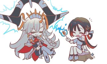 2girls black_hair braid cape chaldea_u-summer_island chibi closed_eyes colored_inner_hair crossed_arms crossed_legs detached_horns fate/grand_order fate_(series) grey_hair jeunesse_crane_(fate) jeunesse_crane_(first_ascension)_(fate) long_hair low_ponytail miss_crane_(fate) multicolored_hair multiple_girls myg_8028 olga_marie_animusphere on_tree_stump one-piece_swimsuit ponytail red_hair roasted_marshmallow side_braid smile swimsuit u-olga_marie u-olga_marie_(second_ascension) very_long_hair white_one-piece_swimsuit