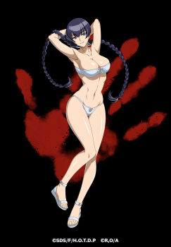 1girl alternate_hairstyle arifureta_shokugyou_de_sekai_saikyou armpits arms_behind_head bare_shoulders bikini braid breasts busujima_saeko cleavage collarbone curvy front-tie_bikini_top front-tie_top full_body highres highschool_of_the_dead large_breasts long_hair looking_at_viewer official_art purple_eyes purple_hair sandals seductive_gaze seductive_smile smile strapless strapless_bikini swimsuit thick_thighs thighs toned toned_female toned_stomach twin_braids wide_hips