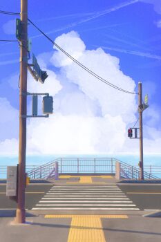 3d absurdres blue_sky cloud cloudy_sky commentary crosswalk day highres horizon justonil kamakura_(city) no_humans ocean original outdoors pedestrian_lights power_lines railing real_world_location road scenery sidewalk sky traffic_light utility_pole