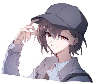 1girl bang_dream! bang_dream!_it's_mygo!!!!! baseball_cap blue_shirt grey_hair grey_hat hair_between_eyes hat hibioes highres looking_at_viewer open_mouth shirt short_hair simple_background solo striped_clothes striped_shirt takamatsu_tomori upper_body white_background