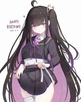 1girl absurdres ahoge bandage_on_leg bandaged_leg bandages black_hair black_sailor_collar black_serafuku black_shirt black_skirt chitose_(stella_sora) chromatic_aberration clothes_lift colored_inner_hair encheru_(th-sto) happy_birthday heart highres layered_shirt long_hair miniskirt mole mole_under_eye multicolored_hair one_side_up pleated_skirt purple_eyes purple_hair purple_ribbon ribbon sailor_collar school_uniform serafuku shirt sidelocks skirt skirt_lift solo stella_sora very_long_hair white_background white_shirt