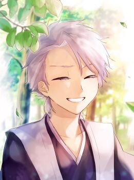 1046sstep_btoh 1boy bleach closed_eyes commentary_request eyelashes falling_leaves grin highres hitsugaya_toushirou leaf lens_flare male_focus portrait shihakusho smile solo tree white_hair