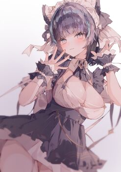 Rule 34 | 1girl, :3, apron, aqua eyes, aqua hair, ascot, azur lane, black apron, black ascot, black hair, breasts, cheshire (azur lane), cleavage, commentary request, dress, ebimau, highres, large breasts, maid, maid apron, maid headdress, multicolored hair, short hair, solo, streaked hair, white dress, wrist cuffs