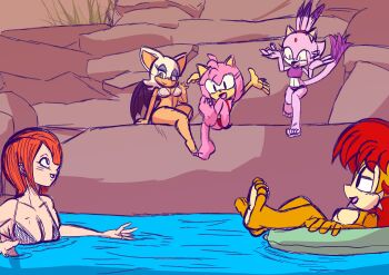 age_difference amy_rose bare_legs barefoot bat_(animal) bat_wings bikini bikini_thong blaze_the_cat bra brown_fur brown_hair cat curvy feet foot_focus hedgehog jumping lake legs loli magisterofoz medium_hair orange_fur pink_fur pink_hair princess_elise_the_third purple_fur purple_hair rouge_the_bat sally_acorn sega sitting smile soles sonic_(series) squirrel swimming swimsuit toes underwear wet white_fur white_hair wings