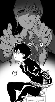 1boy 1girl ? ahoge arms_behind_back blush bound buttons chair coin coin_on_string confused evil_grin evil_smile gakuran glasses grin hair_between_eyes hypnosis metarogu mind_control mole mole_under_mouth monochrome noel_(tsukihime) nun open_hand outstretched_hand partially_shaded_face reaching school_uniform short_hair side_ponytail sidelocks sitting smile souya_high_school_uniform sweat tied_up_(nonsexual) tohno_shiki tsukihime tsukihime_(remake) tunic wavy_sidelocks wing_collar