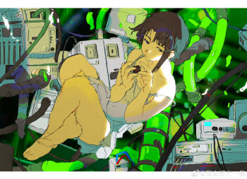 1girl absurdres asymmetrical_hair bare_legs bare_shoulders barefoot brown_eyes brown_hair cable cloudyooooo computer dress expressionless floating full_body hair_ornament highres iwakura_lain knees_up machinery parted_bangs serial_experiments_lain short_hair short_hair_with_long_locks sidelocks single_sidelock solo spaghetti_strap strap_slip thighs tube watermark weibo_watermark white_dress wire x_hair_ornament