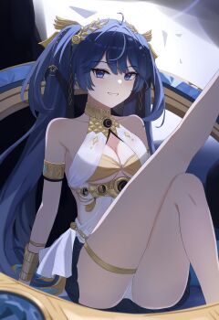 1girl absurdres ahoge ancient_greek_clothes armlet bare_shoulders black_skirt blue_eyes blue_hair breasts cleavage commentary gold_bra greco-roman_clothes hair_belt highres iuno_(wuthering_waves) jewelry laurel_crown leg_up long_hair looking_at_viewer medium_breasts multicolored_hair newyc parted_lips sitting skirt smile solo streaked_hair thighlet thighs twintails vambraces wuthering_waves