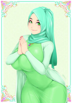 Rule 34 | aqua hijab, breasts, dress, green eyes, green skirt, hands on own chest, highres, hijab, jewelry, looking at viewer, nigaw, original, own hands together, skirt, smile, solo
