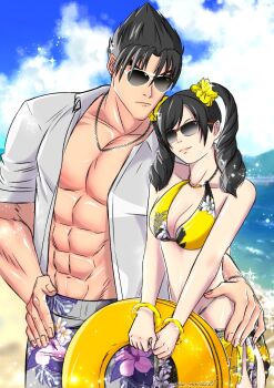 1boy 1girl abs beach bikini boyfriend breasts cleavage girlfriend highres innertube kazama_jin ling_xiaoyu medium_breasts namco swim_ring swimsuit tekken tekken_3 tekken_4 tekken_5_(dark_resurrection) tekken_7 tekken_8 tekken_blood_vengeance tekken_tag_tournament tekken_tag_tournament_2