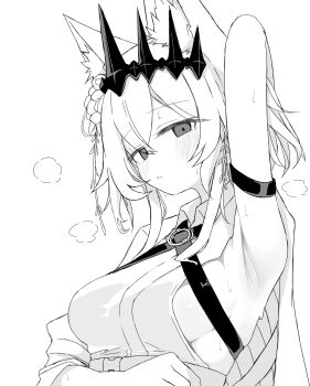 1girl animal_ears arknights arm_up armpits black_tiara blush breasts cat_ears cat_girl commentary_request diamond-shaped_pupils diamond_(shape) dress highres large_breasts light_frown looking_at_viewer monochrome rainyghostdance_(migumo) sideboob solo steam sweat symbol-shaped_pupils tiara vendela_(arknights) white_background white_dress