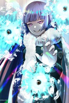 Rule 34 | 1girl, absurdres, black coat, blue hair, blunt bangs, coat, evil smile, gloves, highres, higyaku no noel, luce marie, purple eyes, scarf, smile, solo, white gloves, white scarf, winter clothes, winter coat