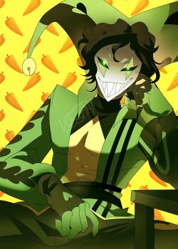 absurdres clown formal_clothes green_eyes green_suit harlequin_(the_freak_circus) highres looking_at_viewer open_mouth shirt smile suit teeth the_freak_circus upper_body yellow_shirt