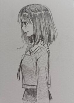 Rule 34 | 1girl, arms at sides, artist name, azumanga daioh's school uniform, azumanga daiou, blush, breasts, closed mouth, commentary, from side, graphite (medium), greyscale, highres, kasuga ayumu, kyuunn, looking ahead, monochrome, neck ribbon, paper texture, pleated skirt, profile, ribbon, romaji commentary, sailor collar, school uniform, serafuku, signature, skirt, small breasts, solo, traditional media, upper body