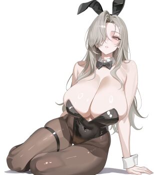 1girl alternate_costume animal_ear_hairband animal_ears black_leotard bow bowtie breasts commentary commentary_request covered_navel detached_collar english_commentary fake_animal_ears goddess_of_victory:_nikke grey_hair hair_over_one_eye hairband highres large_breasts leotard long_hair marheit mixed-language_commentary mrs._miss_(nikke) one_eye_covered pantyhose playboy_bunny rabbit_ear_hairband rabbit_ears simple_background solo thigh_strap white_background white_wrist_cuffs wrist_cuffs