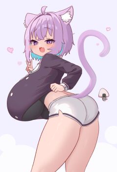 1girl ahoge ass blue_hair breasts cat_tail colored_inner_hair commentary_request fang gabai gigantic_breasts hair_intakes highres hololive legs long_sleeves looking_at_viewer looking_back medium_hair multicolored_hair nekomata_okayu open_mouth purple_eyes purple_hair short_shorts shorts sidelocks simple_background skin_fang solo tail two-tone_hair underboob v virtual_youtuber white_background white_shorts