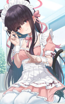 1girl absurdres alternate_costume animal_ear_fluff animal_ears apron blue_archive blunt_bangs cat_ears cat_girl cat_tail detached_collar dress ear_cleaning eyes_visible_through_hair hair_over_eyes hair_ribbon hairband high_heels highres justice_task_force_member_(blue_archive) justice_task_force_member_(maid)_(blue_archive) long_hair looking_at_viewer maid maid_apron maid_headdress mimikaki pantyhose pink_dress pink_ribbon pizza_(pizzania_company) red_eyes ribbon short_sleeves sidelocks sitting solo tail thighhighs wariza white_apron white_hairband white_pantyhose wrist_cuffs