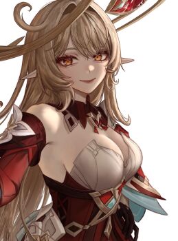 1girl alice_(genshin_impact) bare_shoulders blonde_hair breasts cleavage commentary cowlick detached_collar detached_sleeves dress english_commentary genshin_impact hair_intakes highres large_breasts long_hair looking_at_viewer orange_eyes pointy_ears red_lips smile solo strapless strapless_dress upper_body very_long_hair zeny_(zenyillust)