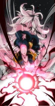 1girl android_21 black_sclera black_sleeves breasts closed_mouth colored_sclera colored_skin commentary_request detached_sleeves dragon_ball dragon_ball_fighterz fighting_stance highres holding holding_orb kinakomochi_(user_vedc2333) large_breasts long_hair majin_android_21 orb pants pink_skin red_eyes smile solo tail white_hair white_pants