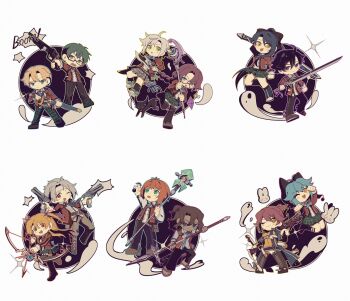 Rule 34 | 1other, 6+boys, 6+girls, ahoge, alisa reinford, animal hood, arrow (projectile), black hair, blonde hair, blue bow, blue bowtie, blue eyes, blue hair, blue necktie, bow, bow (weapon), bowtie, braid, brown hair, cat, cat hood, celine (sen no kiseki), chibi, claw pose, closed mouth, crow armbrust, curtained hair, double-parted bangs, dual wielding, eiyuu densetsu, elliot craig, emma millstein, english text, fie claussell, floating neckwear, full body, gaius worzel, glasses, green eyes, green hair, gun, gunblade, hair between eyes, hair bun, handgun, headband, highres, holding, holding arrow, holding bow (weapon), holding gun, holding polearm, holding sheath, holding staff, holding sword, holding weapon, hood, huge weapon, jacket, jusis albarea, laura s. arseid, loafers, long hair, looking at viewer, lrumamaki, machias regnitz, mage staff, male focus, millium orion, multiple boys, multiple girls, necktie, one eye closed, open mouth, orange hair, pants, parted bangs, pink hair, polearm, pommel tassel, ponytail, rean schwarzer, red eyes, sara valestein, school uniform, sen no kiseki (series), sen no kiseki i, sheath, shoes, short hair, shotgun, sidelocks, simple background, single braid, skirt, smile, sneakers, spear, speech bubble, staff, sword, tail, tail bow, tail ornament, thighhighs, thors military academy class vii uniform, twintails, twitter username, weapon, yellow eyes