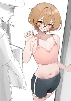 1boy 1girl absurdres black_shorts blush box brown_eyes brown_hair camisole clio_aite commentary delivery english_commentary esencey flat_chest glasses highres holding holding_box looking_at_another midriff navel parted_lips phase_connect pink_camisole round_eyewear scar scar_across_eye scar_on_face short_hair shorts sketch smile standing strap_pull sweatdrop virtual_youtuber