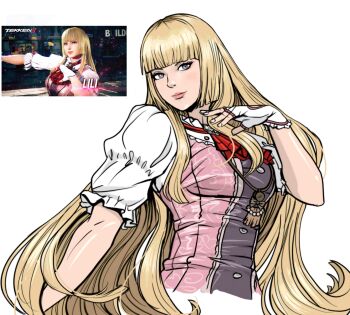 1girl blonde_hair blue_eyes breasts dress emilie_de_rochefort fingerless_gloves gloves large_breasts lips long_hair rocckart short_sleeves tekken tekken_8 upper_body white_background