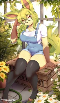 1girl ahoge animal_ears black-framed_eyewear black_thighhighs blue_overalls braid braided_ponytail breasts fang flower fox_ears fox_girl fox_tail furry furry_female gen_4_pokemon glasses green_eyes green_fur green_hair highres large_breasts leaf leafeon looking_at_viewer medium_hair nintendo open_mouth overalls pokemon pokemon_(creature) shirt skin_fang solo tail teranen thighhighs white_shirt