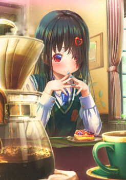 1girl aiuabo black_hair blue_nails blue_necktie blush cardigan chair closed_mouth coffee coffee_mug coffee_pot cup dessert eyes_visible_through_hair food green_cardigan hair_ornament highres indoors long_hair long_sleeves looking_at_viewer mug nail_polish necktie original red_eyes shirt sitting smile solo white_shirt