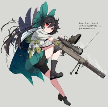 1girl absurdres arm_cannon artist_name asymmetrical_legwear bike_shorts bike_shorts_under_skirt bird_wings black_boots black_shorts boots bow brown_hair cape closed_mouth commentary_request dated from_side full_body green_bow green_skirt grey_background gun hair_bow highres long_hair looking_at_viewer mismatched_legwear red_eyes reiuji_utsuho scope shirt shoes shorts simple_background single_boot single_shoe skirt smile solo tami_(joemanyodw) touhou weapon white_shirt wings