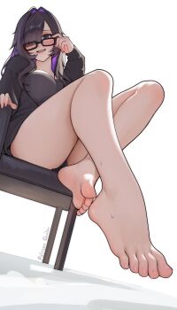 1girl absurdres bare_legs barefoot black-framed_eyewear black_cardigan black_dress black_hair black_panties blush breasts cardigan chair colored_inner_hair dress feet foot_focus from_below glasses goddess_of_victory:_nikke hair_over_one_eye highres label_(nikke) large_breasts long_hair looking_at_viewer multicolored_hair on_chair panties pantyshot purple_eyes purple_hair purple_streaks quilm sitting smile solo sweat thighs toes two-tone_hair underwear