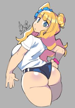 1girl 2022 ass ass_blush asymmetrical_hair black_buruma blonde_hair blue_eyes blue_scrunchie breasts buruma caliginousarts commentary english_commentary from_behind galko gym_uniform hair_bun hair_ornament hair_scrunchie hand_on_own_hip highres large_breasts long_hair looking_at_viewer looking_back micro_shorts one_side_up oshiete!_galko-chan parted_lips scrunchie shirt short_sleeves shorts single_side_bun solo white_shirt wristband