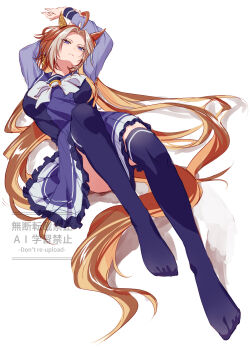 1girl animal_ears closed_mouth commentary_request ear_covers full_body highres horse_ears horse_girl horse_tail looking_at_viewer lying multicolored_hair no_shoes on_back orfevre_(umamusume) pleated_skirt purple_eyes purple_shirt purple_skirt purple_thighhighs school_uniform shirt simple_background single_ear_cover skirt solo streaked_hair tail thighhighs tracen_school_uniform two-tone_hair umamusume watermark white_background yue_(lov_n_n)