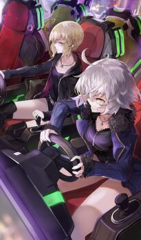 2girls ahoge arcade arcade_cabinet artoria_pendragon_(fate) belt belt_buckle black_boots black_dress black_jacket black_shirt black_shorts blonde_hair blue_coat boots breasts buckle cleavage clenched_teeth closed_mouth coat commentary controller dress dutch_angle fate/grand_order fate/grand_order_arcade fate_(series) fur-trimmed_coat fur_trim hair_between_eyes hair_tie holding_steering_wheel hood hood_down hooded_jacket indoors jacket jeanne_d'arc_alter_(avenger)_(fate) jeanne_d'arc_alter_(fate) jeanne_d'arc_alter_(ver._shinjuku_1999)_(fate) jewelry joystick kizuka_kanata lapels leaning_forward long_hair long_sleeves low_ponytail multiple_girls official_art open_clothes open_coat open_jacket pendant ponytail saber_alter saber_alter_(ver._shinjuku_1999) shirt short_dress short_hair short_shorts shorts sidelocks sitting small_sweatdrop steering_wheel teeth thigh_boots third-party_source unzipped white_belt white_hair yellow_eyes zipper