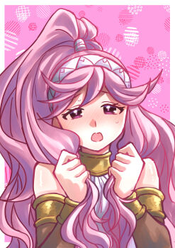 1girl absurdres armlet bare_shoulders blush border commentary fire_emblem fire_emblem_awakening hands_in_own_hair headband highres jewelry long_hair looking_at_viewer nervous_sweating nintendo olivia_(fire_emblem) pink_background pink_eyes pink_hair ponytail shy solo sweat teitokunanodesu upper_body very_long_hair white_border white_headband