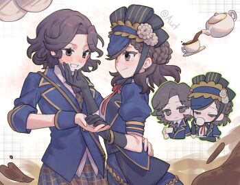 2girls absurdres artist_request black_eyes black_gloves black_hair blue_jacket blue_skirt blush braid brown_hair chibi chibi_inset closed_eyes closed_mouth coffee collared_shirt commission cup elbow_gloves flower gloves grin hand_on_another&#039;s_face hand_on_another&#039;s_waist hat highres holding holding_cup holding_hands identity_v jacket looking_at_another margaretha_zelle margaretha_zelle_(&quot;swan&quot;) mole mole_under_eye multiple_girls multiple_views neck_ribbon necktie nervous_smile plaid_clothes plaid_skirt puffy_short_sleeves puffy_sleeves red_ribbon ribbon second-party_source shirt short_hair short_sleeves skirt smile sweat teacup vera_nair white_background white_shirt wrist_cuffs yuri