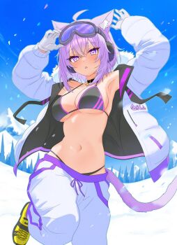 1girl ahoge alternate_costume animal_ears bikini black_bikini black_jacket blue_sky blush breasts cat_ears cat_girl cat_tail cleavage gloves goggles goggles_on_head hololive jacket looking_at_viewer medium_breasts nekomata_okayu open_mouth outdoors pants purple_eyes purple_hair shoes sky snow solo swimsuit tail two-sided_fabric two-sided_jacket virtual_youtuber warg_game white_gloves white_jacket white_pants yellow_shoes