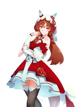 1girl animal_ears brown_hair commentary detached_sleeves dress english_commentary highres horse_girl lamborjenees red_dress ribbon self-upload still_in_love_(scarlet_vow_raiment)_(umamusume) still_in_love_(umamusume) umamusume veil white_background