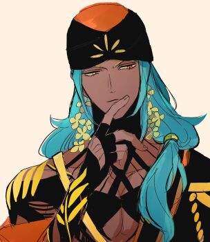 1boy ashoka_(fate) black_turban blue_hair body_markings dark-skinned_male dark_skin fate/grand_order fate_(series) fingerless_gloves flower gloves hair_flower hair_ornament hair_over_shoulder hair_tie hand_up highres long_hair long_sleeves looking_to_the_side low_side_ponytail male_focus orange_eyes sidelocks sideways_glance sketch solo upper_body yayayakan