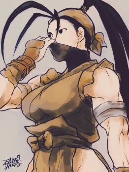 antenna_hair arm_guards bandaged_arm bandages bandana black_eyes black_hair bow breasts clothing_cutout fingerless_gloves gloves hip_vent holding holding_mask ibuki_(street_fighter) mask misodiru muscular muscular_female ninja ponytail street_fighter street_fighter_iii_(series) torn_clothes torn_sleeves waist_bow