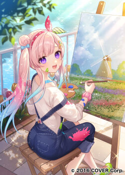 Rule 34 | 1girl, :d, airani iofifteen, airani iofifteen (1st costume), ass, blue bow, blue hair, bow, brown flower, canvas (object), commentary request, day, easel, flower, from side, gradient hair, green shoes, hair bow, hair bun, holding, holding paintbrush, hololive, hololive indonesia, karokuchitose, lake, long hair, long sleeves, looking at viewer, looking to the side, multicolored hair, no socks, official art, open mouth, outdoors, overalls, paint palette, paint splatter, paintbrush, painting (object), pink hair, pink scrunchie, puffy long sleeves, puffy sleeves, purple eyes, railing, red flower, scrunchie, shirt, shoes, single side bun, sitting, smile, solo, tulip, very long hair, virtual youtuber, water, white flower, white shirt, wrist scrunchie, yellow flower