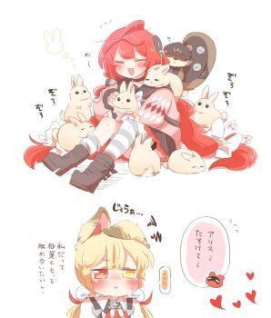 Rule 34 | ..., 2girls, :3, :d, :t, ahoge, alice thymefield, animal, animal ears, argyle clothes, argyle sweater, asymmetrical legwear, black choker, black sailor collar, black skirt, blonde hair, blush, boots, bow, bright pupils, brown boots, chibi, chibi inset, choker, closed eyes, closed mouth, collared shirt, commentary request, double-parted bangs, flying sweatdrops, full body, hair between eyes, hair bow, hair ornament, heterochromia, holding, holding animal, kamanosuke (zenless zone zero), knees up, long hair, long sleeves, low twintails, miniskirt, multiple girls, one ear down, open mouth, pink sweater, pleated skirt, rabbit, rabbit ears, rabbit girl, rebecca (keinelove), red eyes, red hair, sailor collar, shirt, simple background, single sock, single thighhigh, sitting, skirt, smile, socks, sphere hair ornament, spoken ellipsis, striped clothes, striped socks, striped thighhighs, sweatdrop, sweater, thighhighs, translation request, twintails, ukinami yuzuha, uneven legwear, white background, white bow, white pupils, white shirt, white socks, white thighhighs, yellow eyes, zenless zone zero