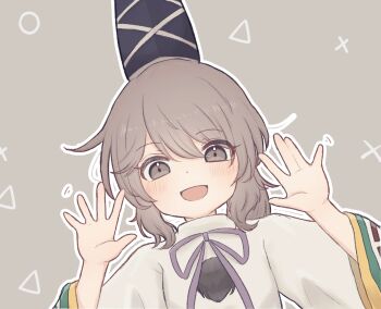 1girl :d black_hat blush commentary_request grey_eyes grey_hair hat highres looking_at_viewer mononobe_no_futo open_mouth outline pipita pom_pom_(clothes) smile solo tate_eboshi touhou upper_body white_outline