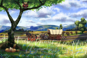 2boys artist_name blue_sky bouffalant brown_hair brown_pants brown_shirt closed_eyes closed_mouth cloud commentary commission covered_wagon day eevee english_commentary flock gen_1_pokemon gen_2_pokemon gen_3_pokemon gen_5_pokemon gen_7_pokemon grass hat highres holding holding_reins hoothoot horns in_tree instagram_logo leaf lying mudbray mudsdale multiple_boys mushroom nintendo ohsweetsweetie outdoors paldean_tauros paldean_tauros_(blaze_breed) pants patreon_logo pokemon pokemon_(creature) reins riding riding_pokemon scenery shirt sky sleeping smile tauros torchic tree tumblr_logo