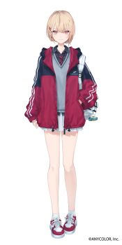 1girl bag_charm bare_legs black_jacket black_necktie black_shirt blonde_hair charm_(object) closed_mouth collared_shirt company_name copyright_notice full_body grey_sweater_vest hair_ornament hairclip hand_in_pocket highres jacket legs looking_at_viewer makihitsuji minamo_madoka miniskirt necktie nijisanji official_art orange_eyes pleated_skirt red_jacket red_necktie red_shoes shirt shoelaces shoes simple_background skirt sleeves_past_wrists smile socks solo straight-on striped_clothes striped_necktie sweater_vest third-party_source virtual_youtuber white_background white_bag white_shoes white_skirt white_socks